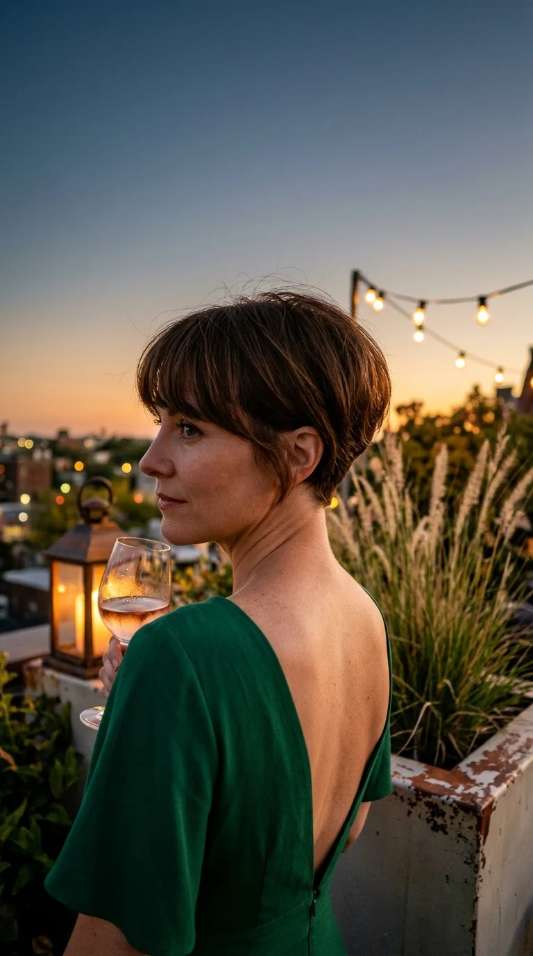 Three quarter back view of a chestnut pixie with tapered nape and full top