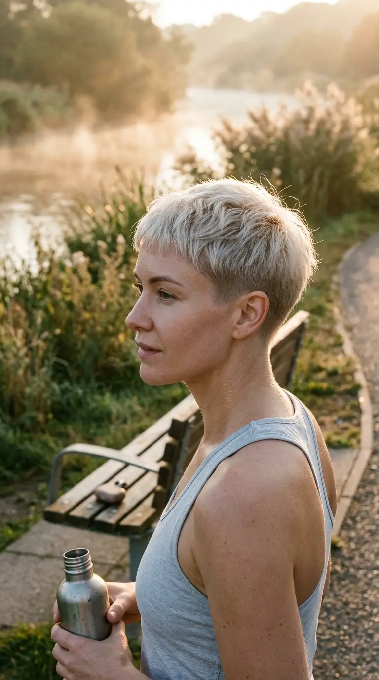 Three quarter front view of a platinum tapered pixie with a soft faded nape