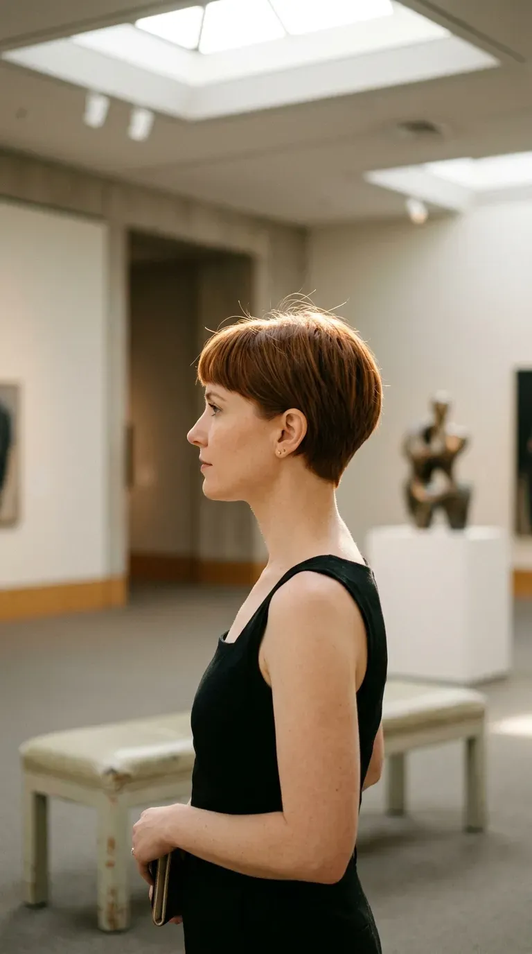 Side profile of a tapered pixie cut with soft texture in a gallery