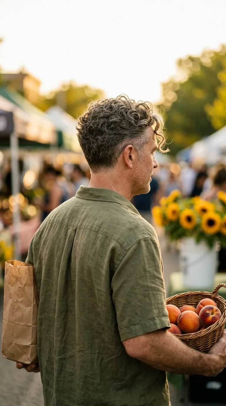 Three quarter back view of tapered salt and pepper curls at a farmers market