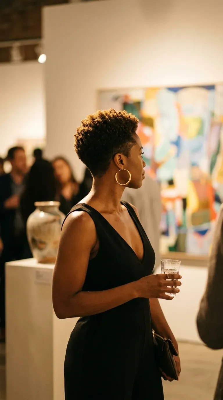 Three quarter view of a tapered short natural cut with clean edges at a gallery