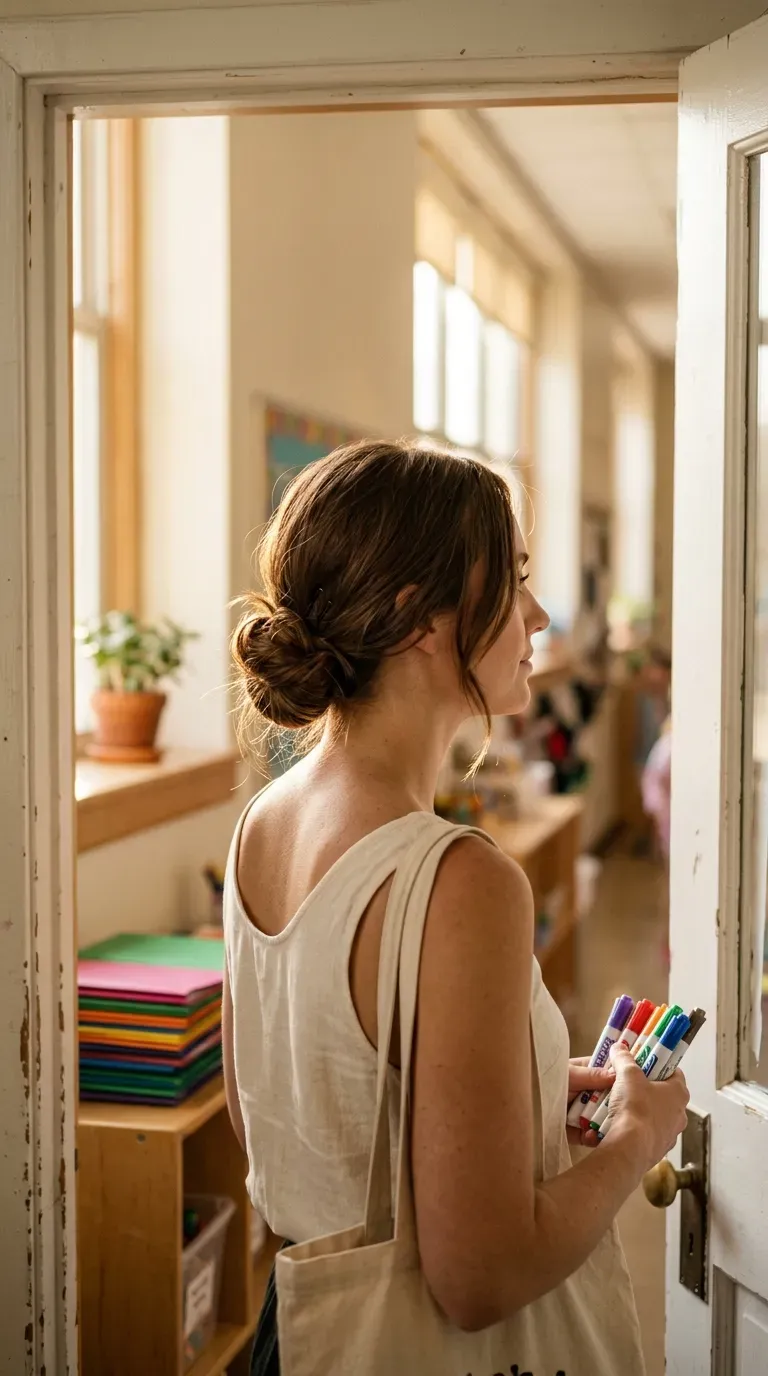 Three quarter view of low flat bun teacher hairstyles with face framing pieces