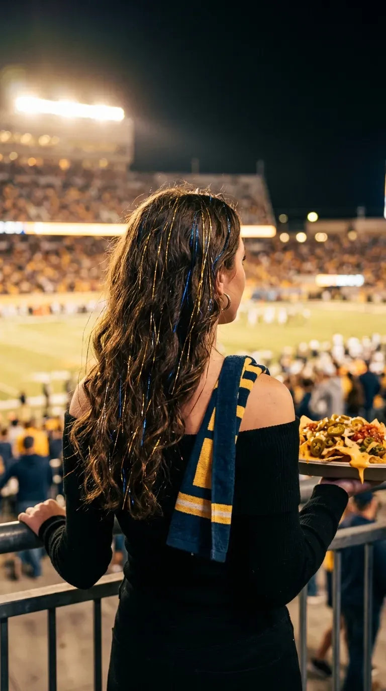 Metallic team color tinsel strands in loose waves under stadium lights