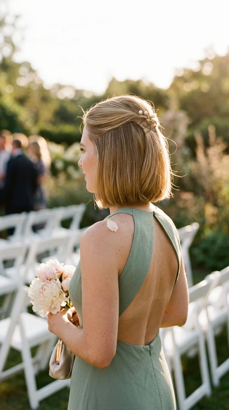 Three quarter back view of a blonde bob with a crown bump and pearl pins