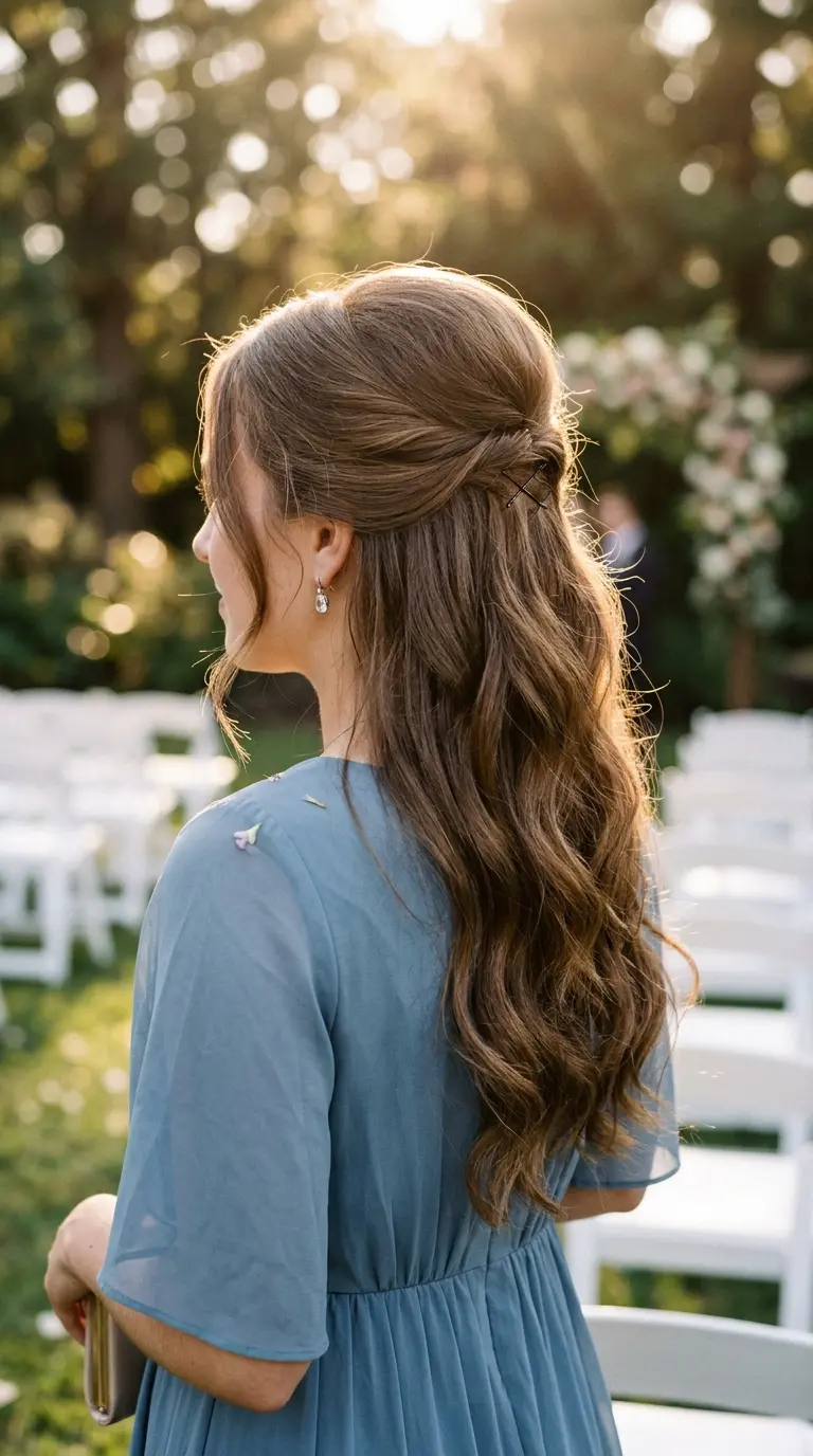 Three quarter back view of a half up style with a lifted teased crown pinned at the back over long thin waves