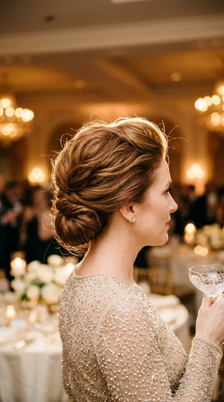 Side profile of a vintage style updo with volume at the crown and a low roll at the nape