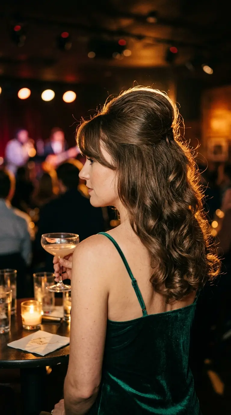 Three quarter back view of brunette blowout with teased crown and swooped front