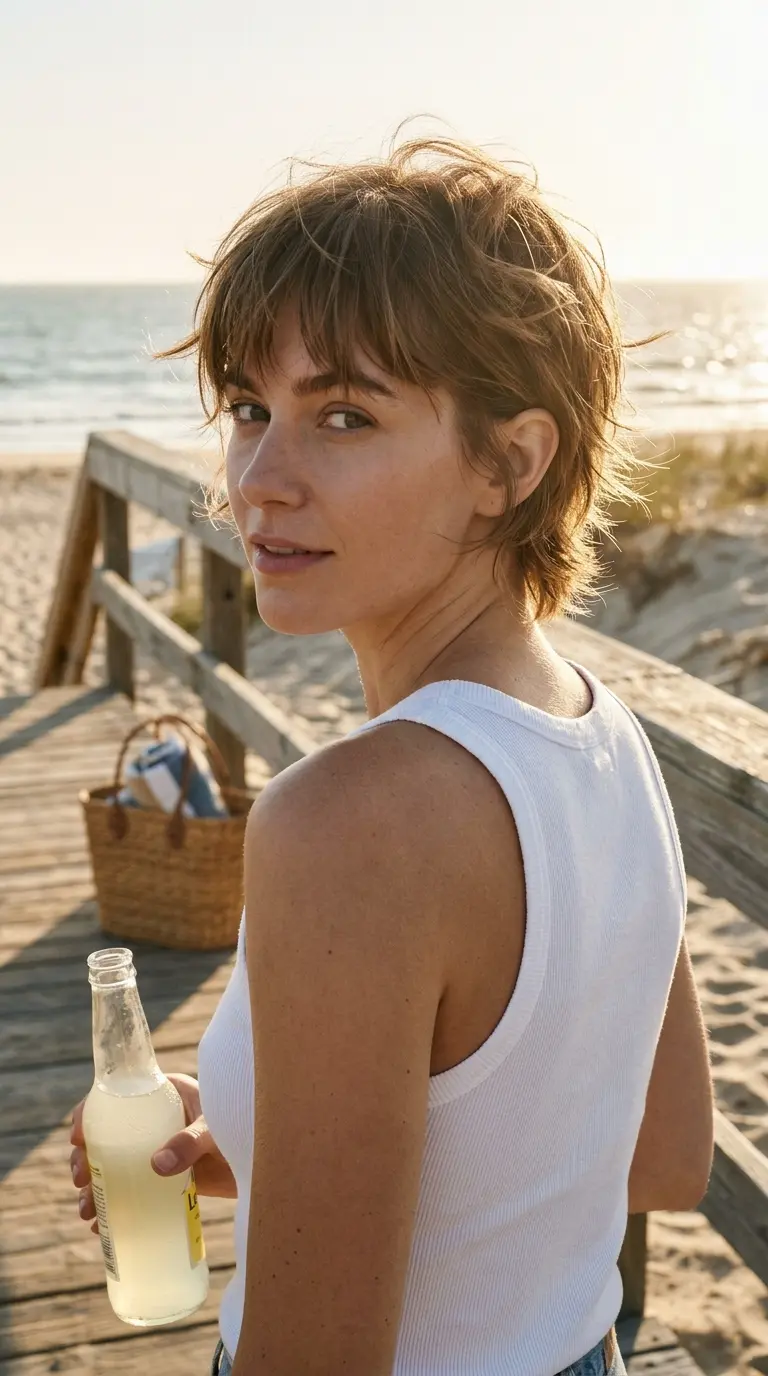 Over the shoulder view of a light brown textured bixie haircut at a beach