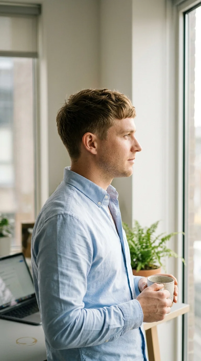 Side profile of an auburn textured crop faded down into a full beard
