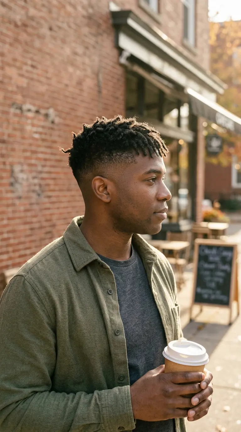 Three quarter front view of a Black man with a textured crop on coily hair and a mid fade