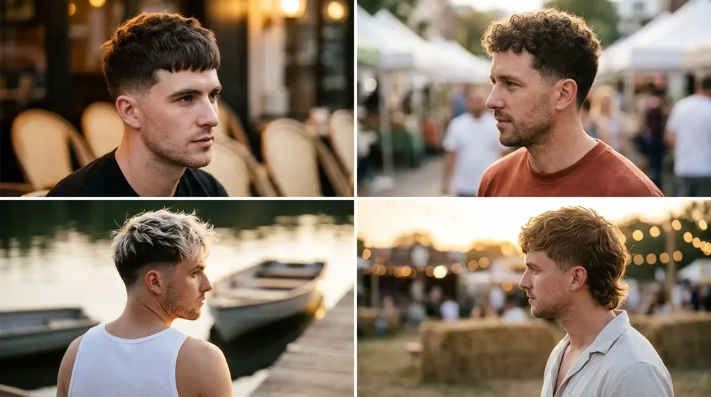 Four photo collage of textured crop haircut styles shown at front and back angles