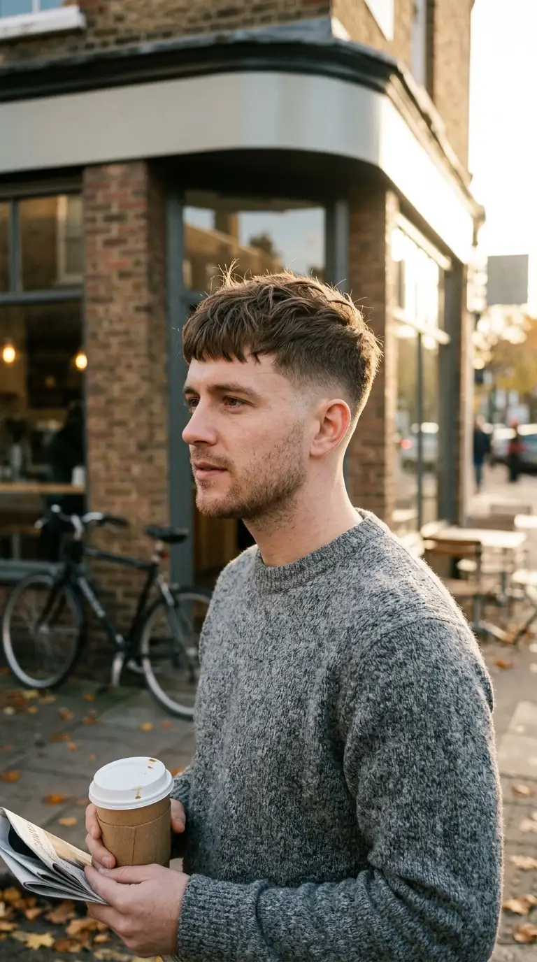 Three quarter view of a classic textured crop haircut with a low skin fade