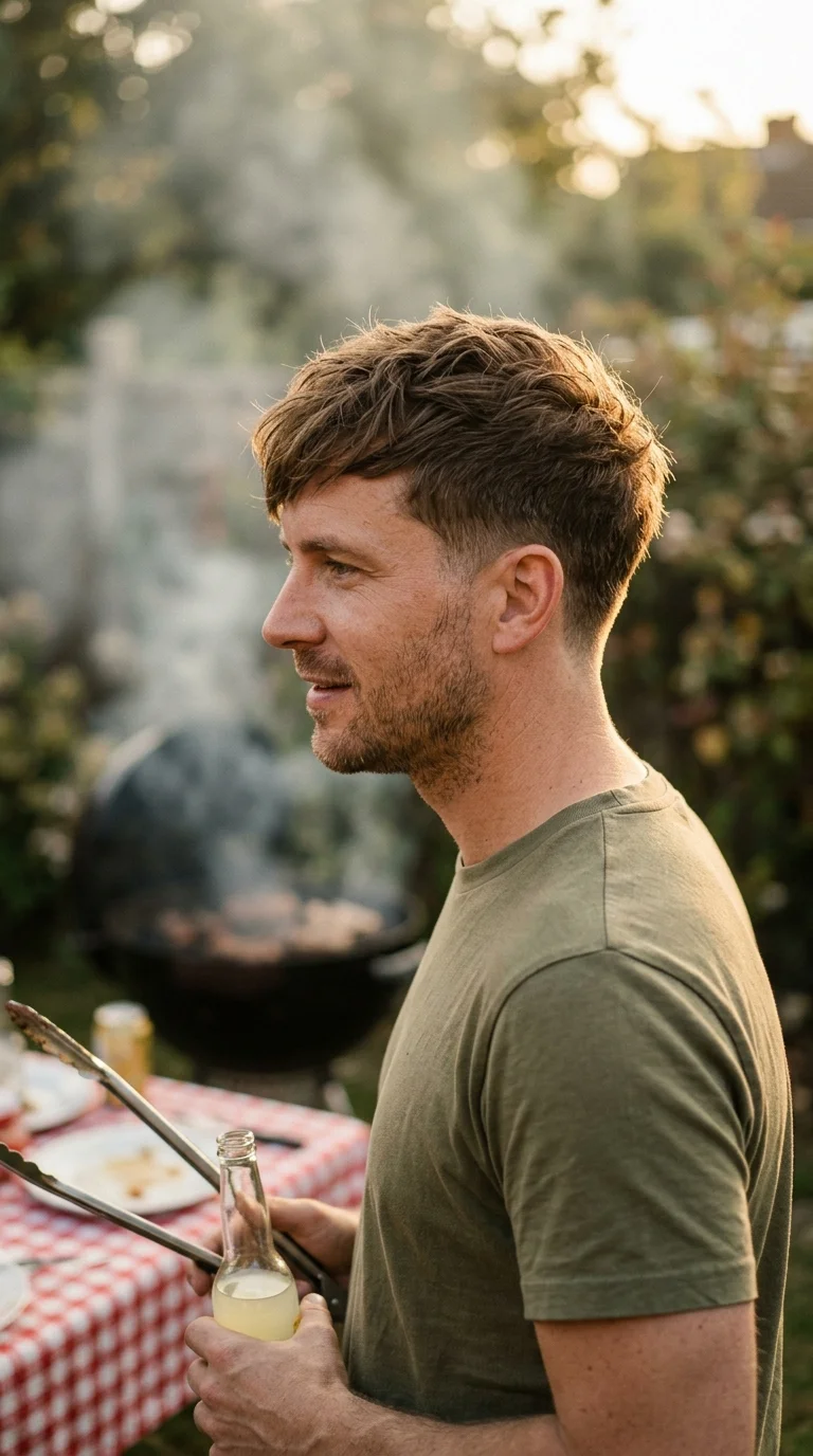 Side profile of a textured crop pushed forward over a receding hairline