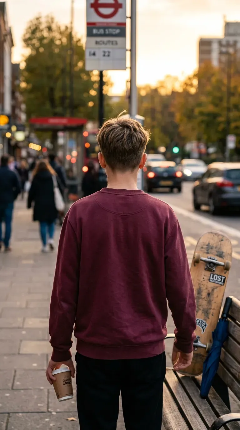 Teen boy with a textured matte crop waiting at a bus stop