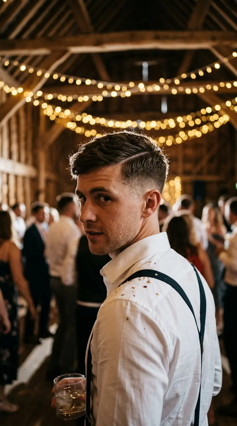 Over the shoulder view of a dark brown crop with a shaved hard part