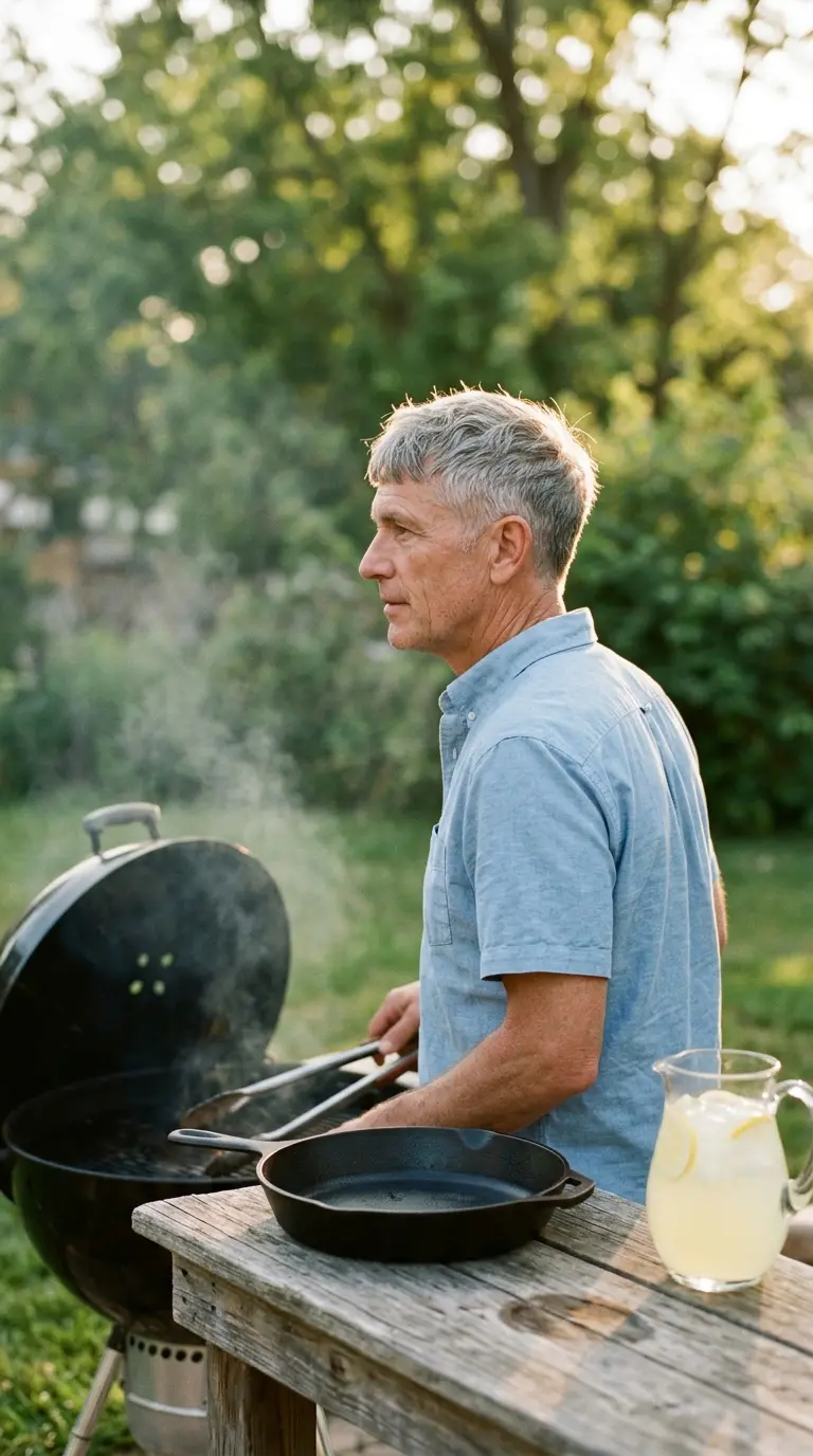 Side profile of a short textured grey crop at a backyard grill