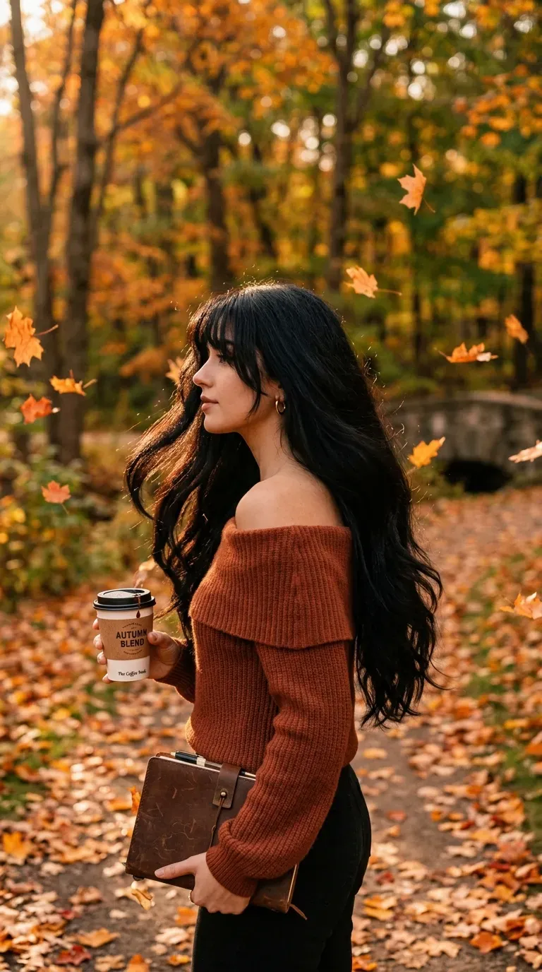 Thick black long hair with textured piecey curtain bangs seen from behind in park
