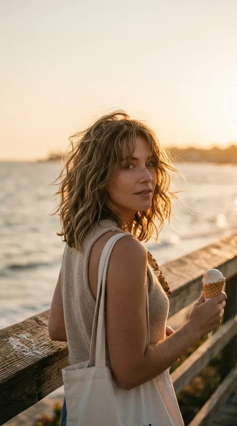Over the shoulder view of a textured lob with beachy ends on a boardwalk