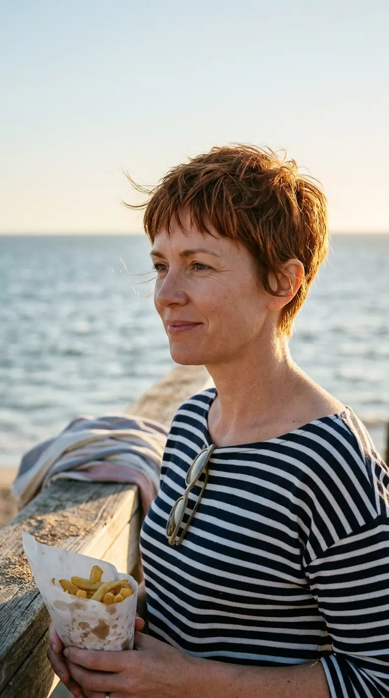 Three quarter front view of a textured auburn pixie with a piecey fringe