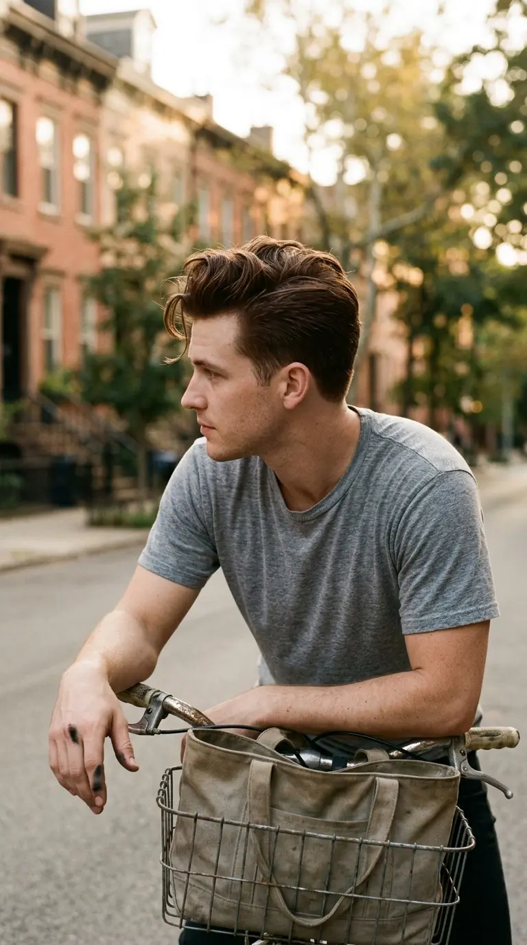 Three quarter view of a man with a textured quiff on thick hair
