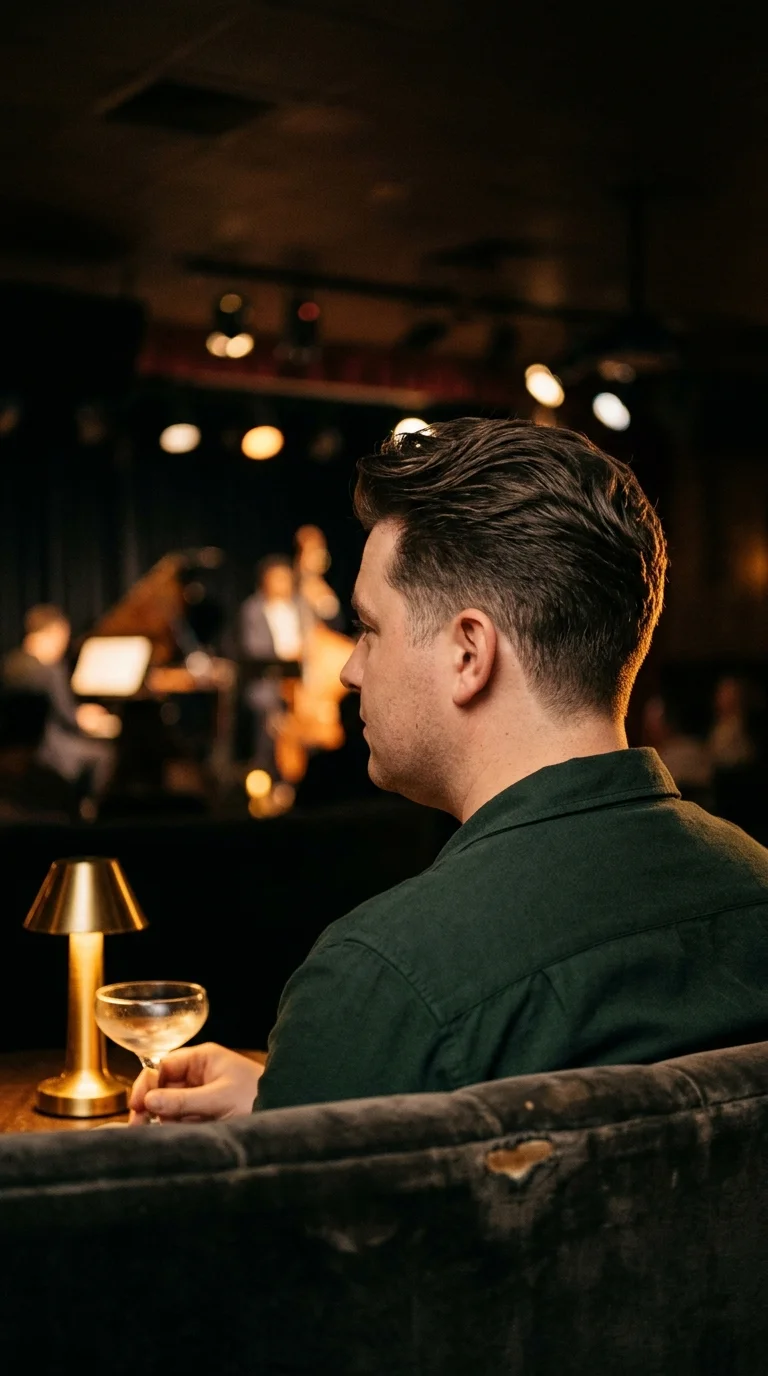 Three quarter back view of a textured slick back in a jazz club