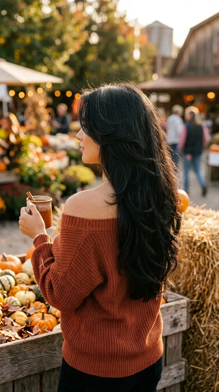 Thick black long hair in a light debulked butterfly cut at an autumn market