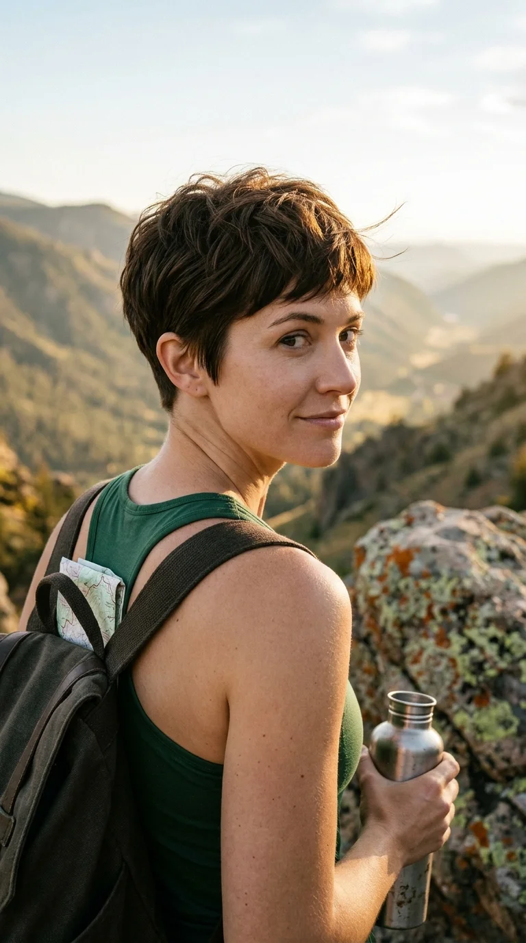 Over the shoulder view of a deep chestnut pixie on thick hair