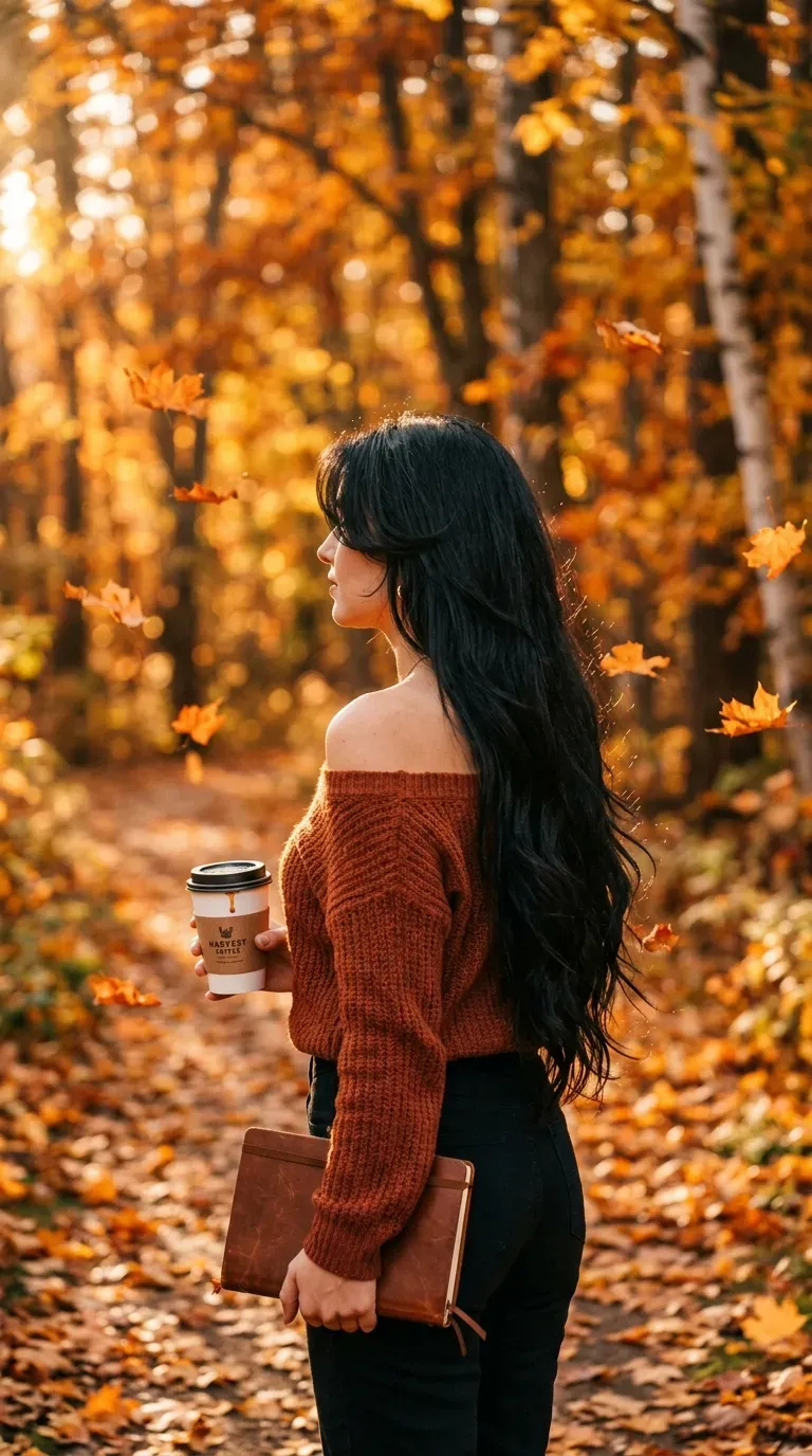 Thick black long hair with soft point cut face framing pieces in autumn park