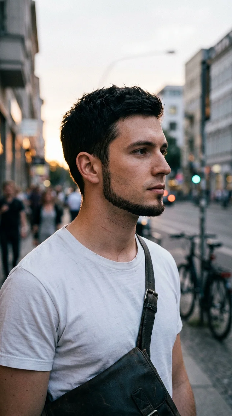 Three quarter view of a thin chin strap beard tracing a defined jawline