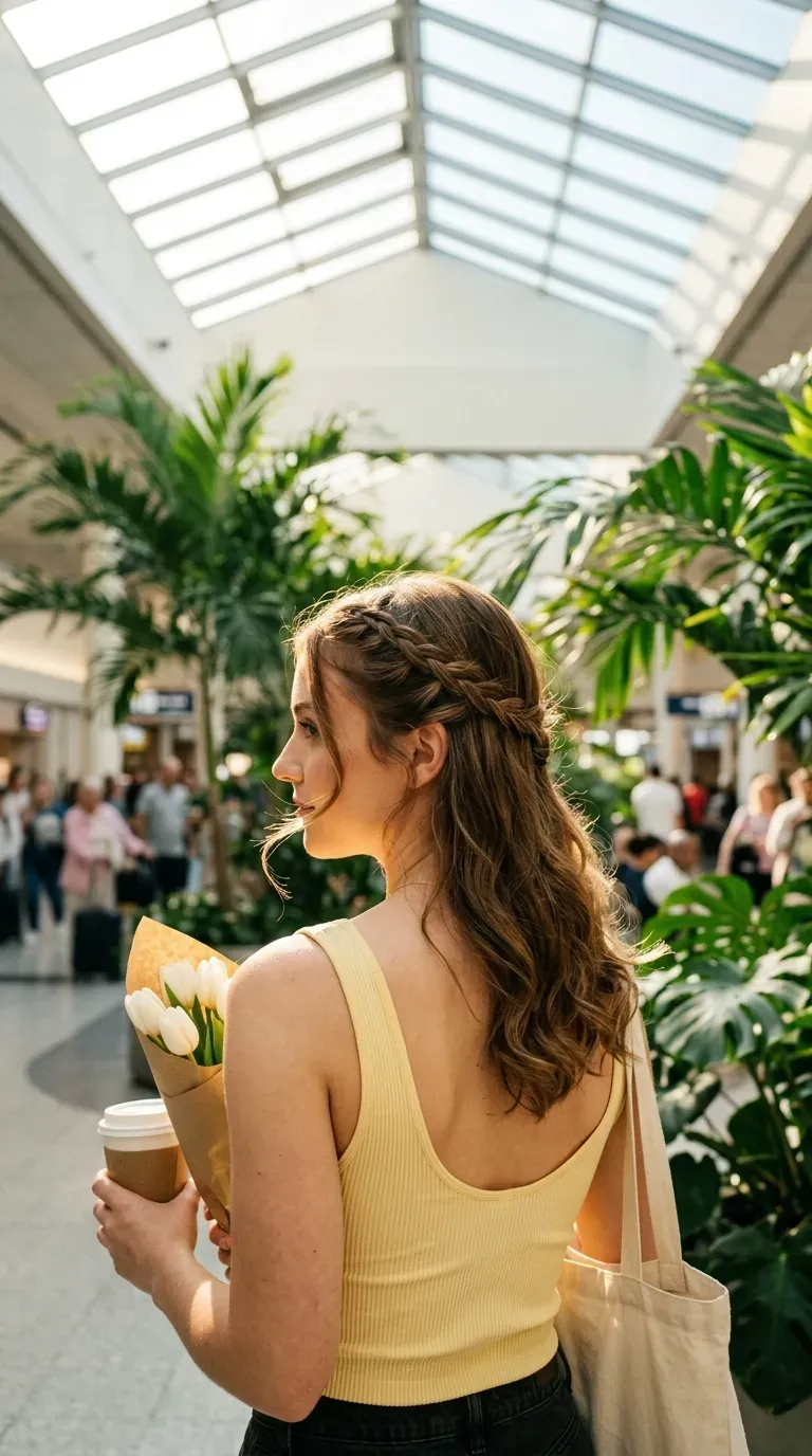 Over the shoulder look back at two thin face braids pinned over loose hair