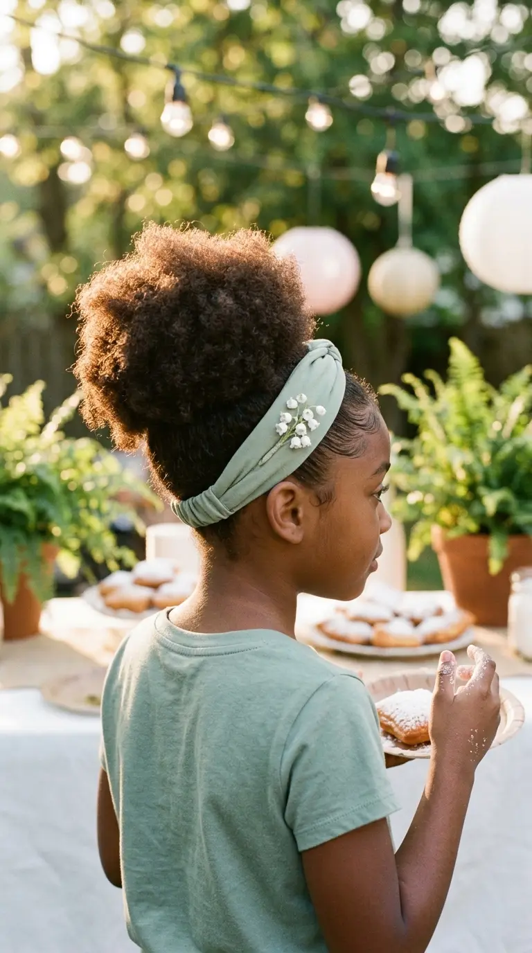 Three quarter back view of a Black girl with a high coily puff and a green flower headband at a garden party