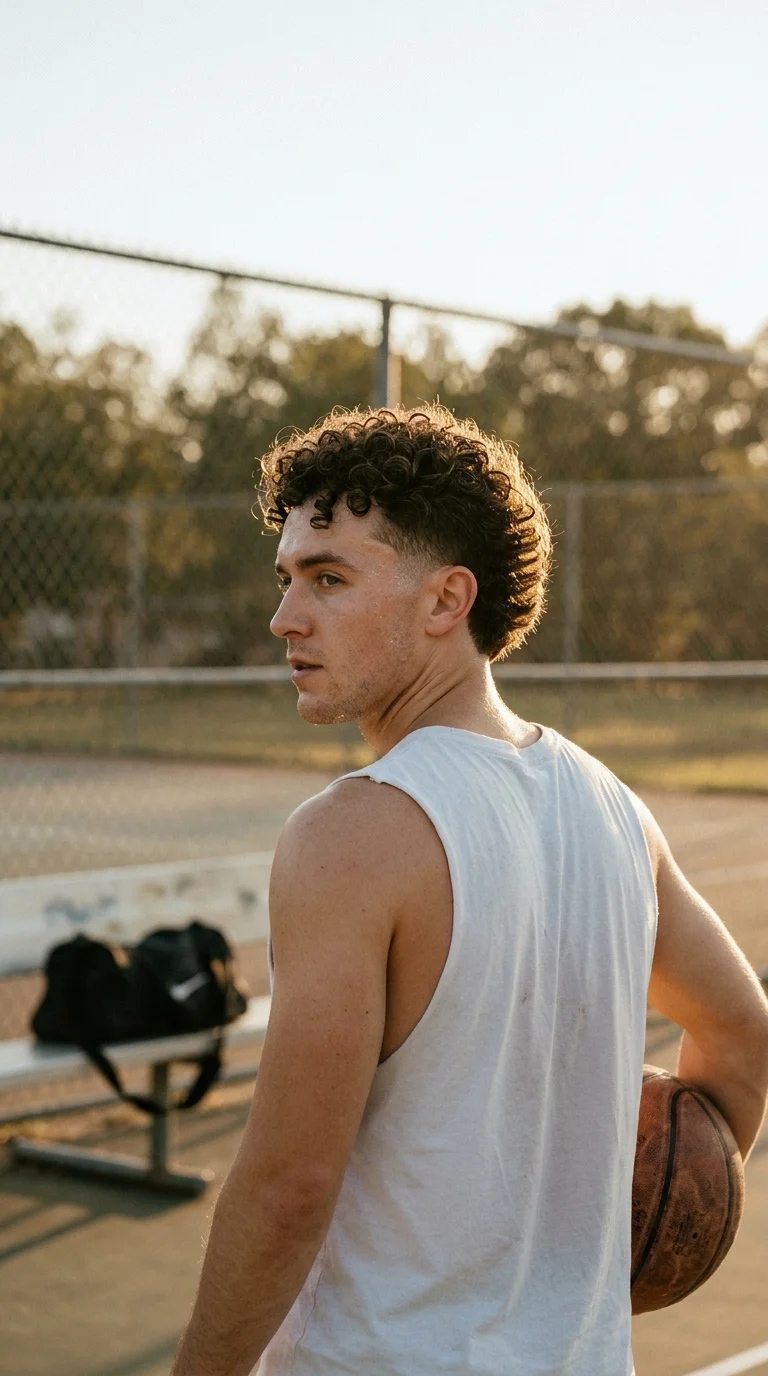 Over the shoulder view of tight curls with a burst fade around the ear