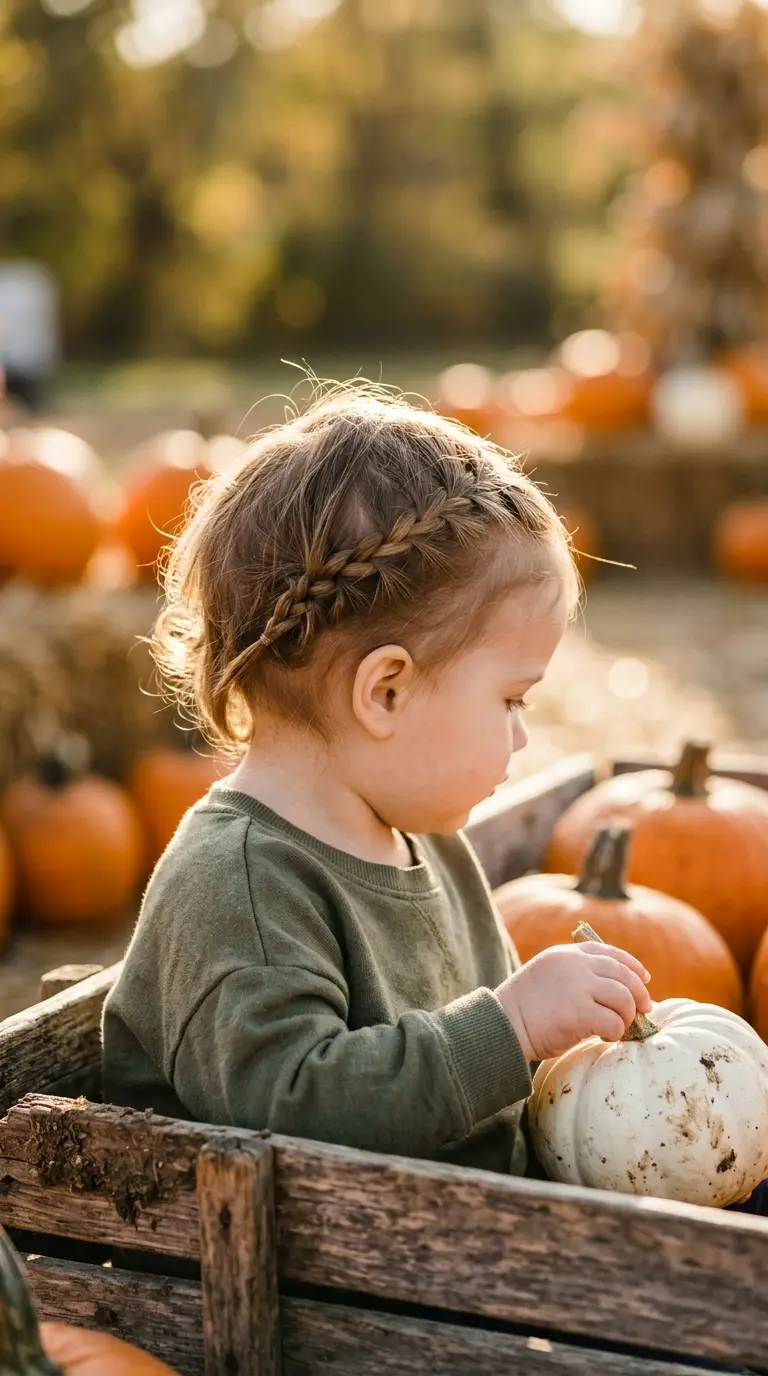 Three quarter view of a baby with a tiny braid along her front hairline