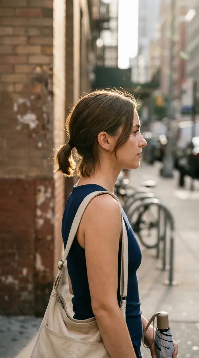 Side profile of a tiny nape ponytail on a long bob on a sidewalk