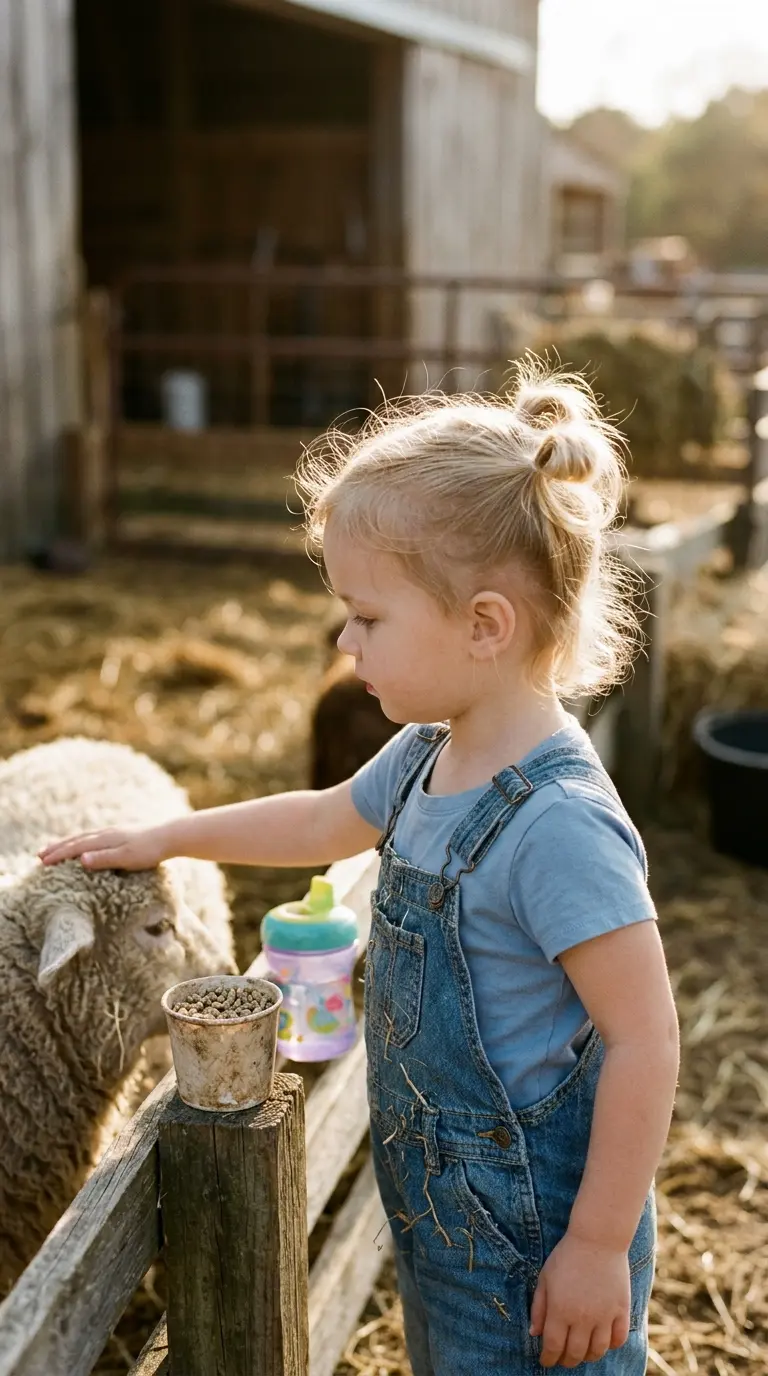 Side profile of a toddler with two tiny pigtail puffs at a petting farm