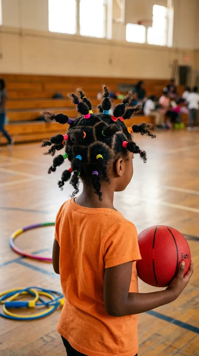 Black coily hair sectioned into many tiny ponytails pointing in every direction