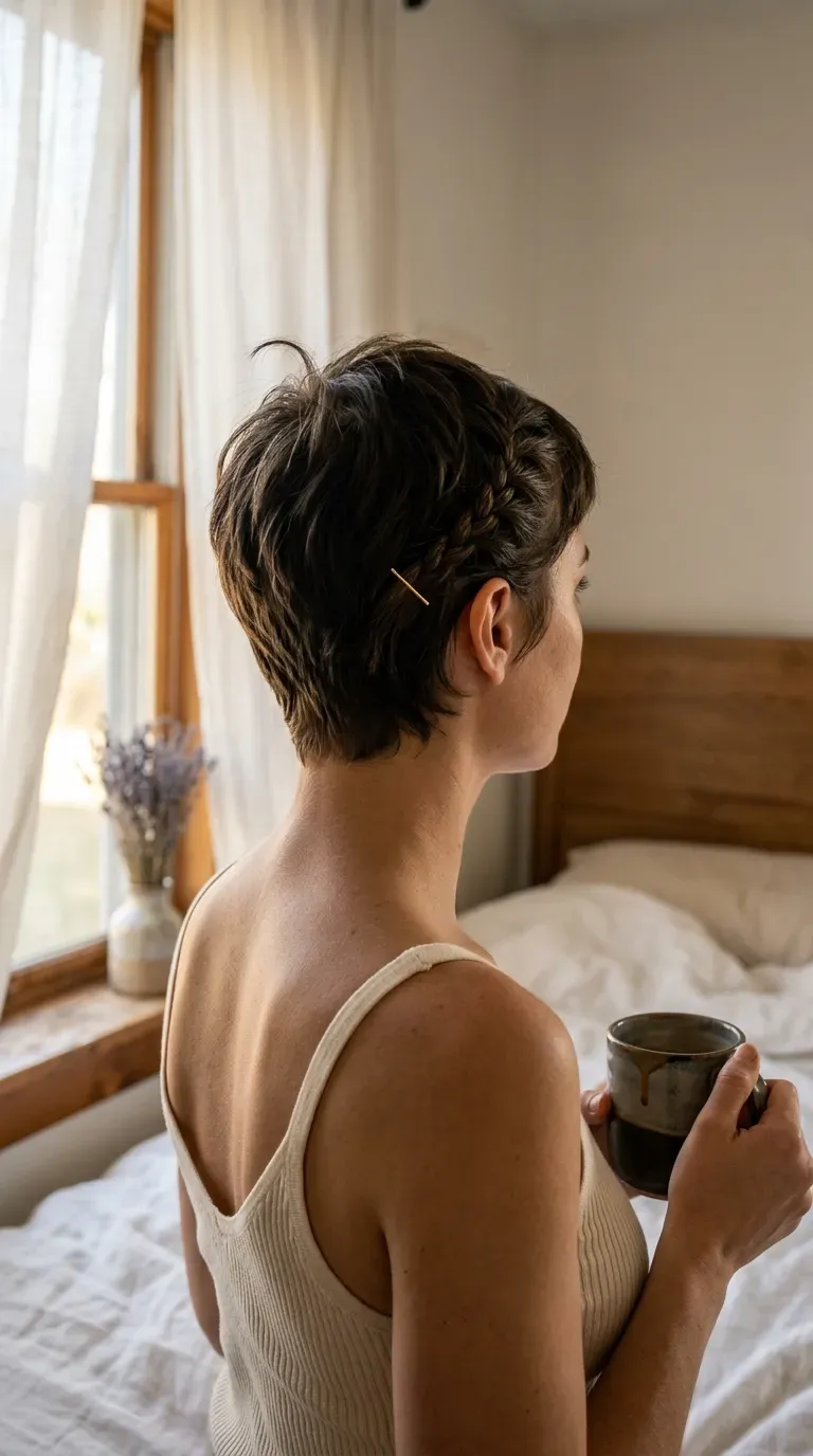 Grown out dark pixie cut with a thin braid pinned behind the right ear
