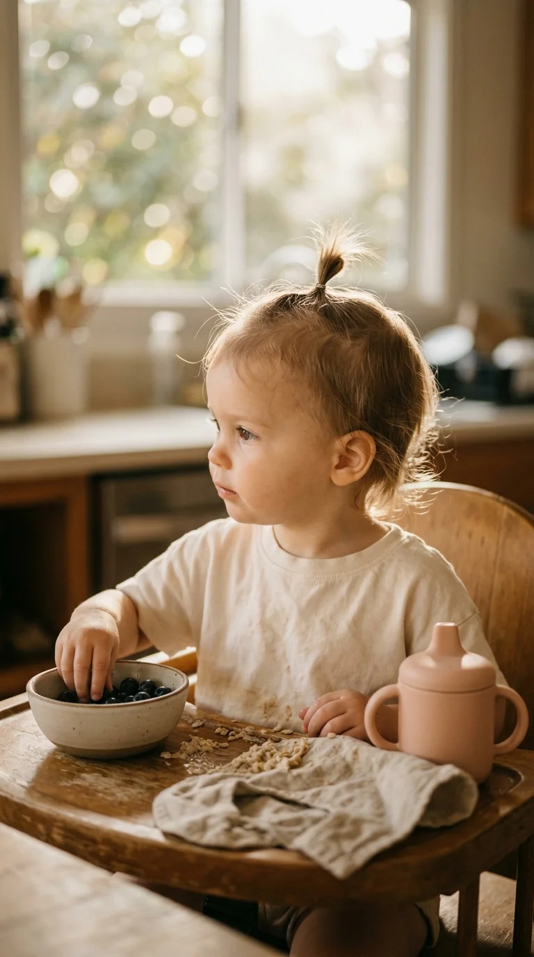 Three quarter view of a toddler girl with a tiny sprout ponytail on top