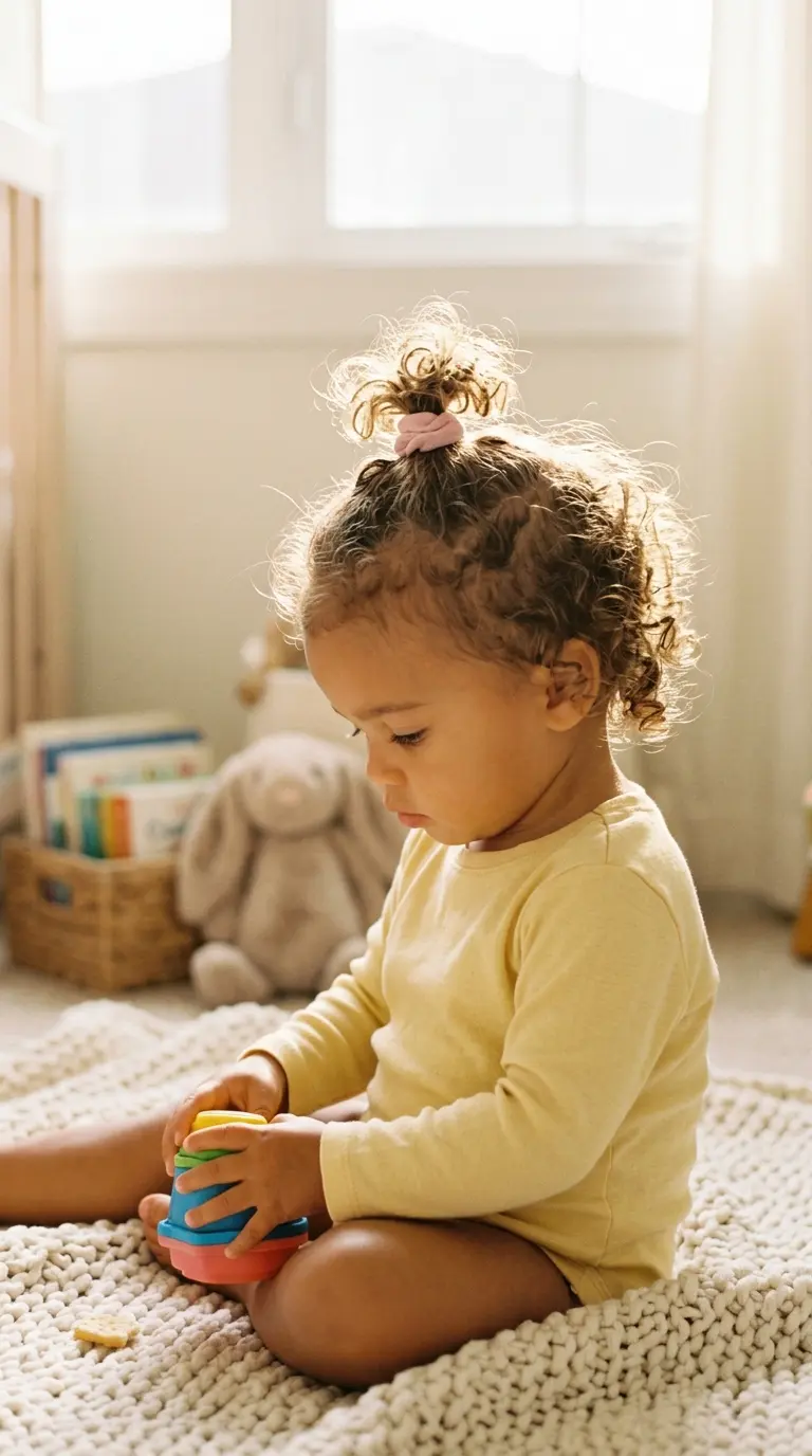Three quarter front view of a mixed toddler girl with a tiny palm tree ponytail of curls on top of her head