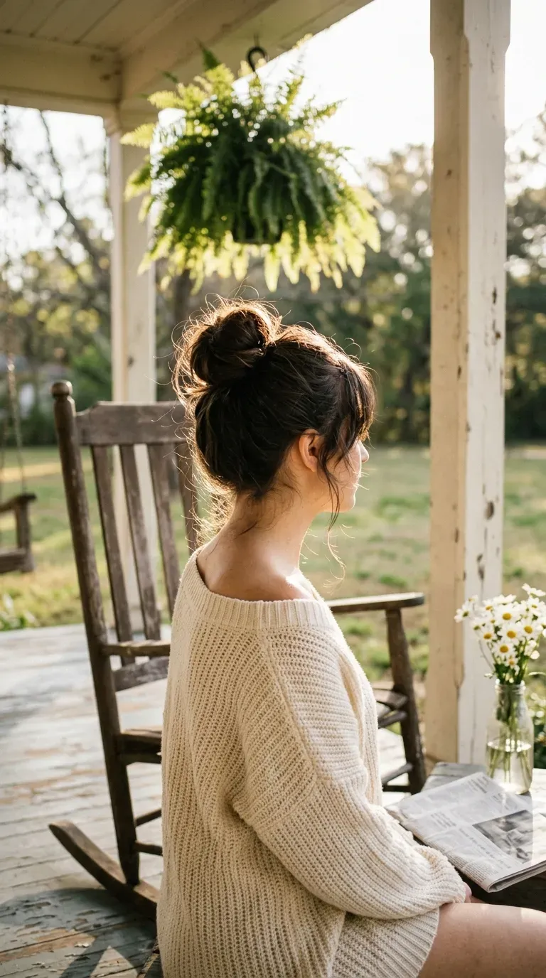 Three quarter view of a loose brunette top knot on a sunny front porch