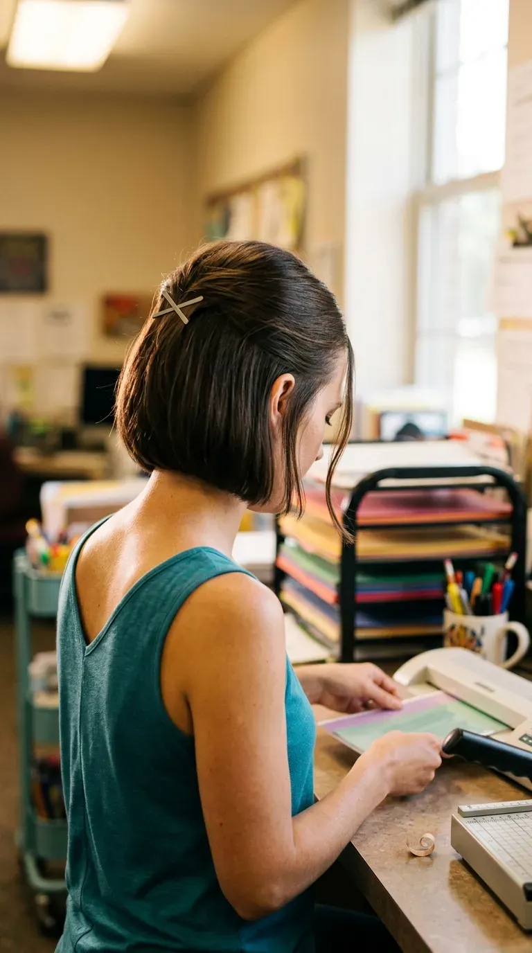 Three quarter view of a top knot with face framing pieces in an art room