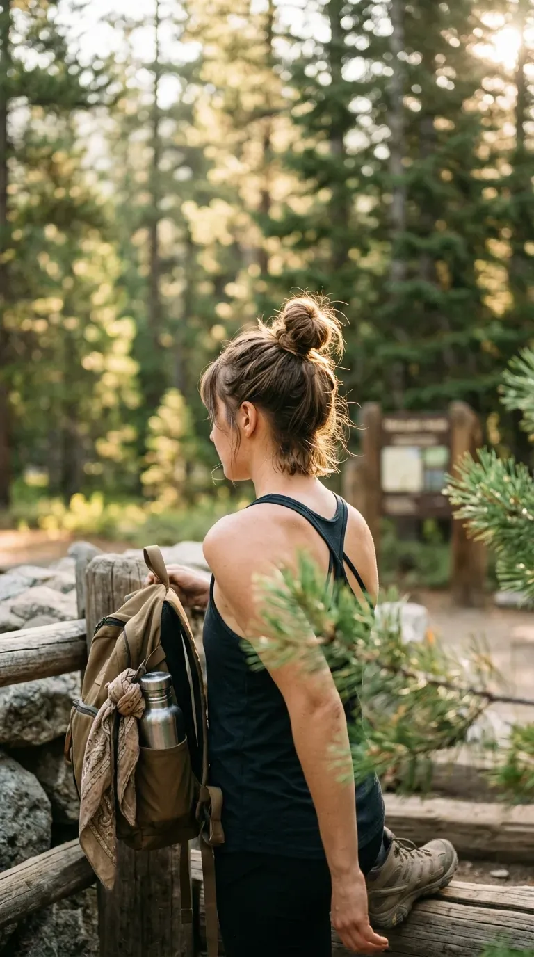 Three quarter back view of a top knot with soft escaping layers