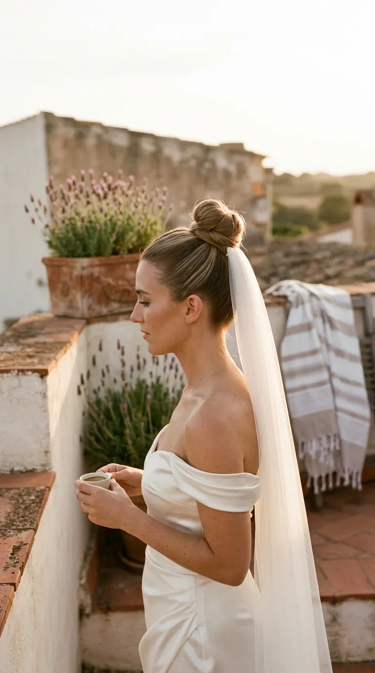 Side profile of a top knot with a cathedral veil on a terrace