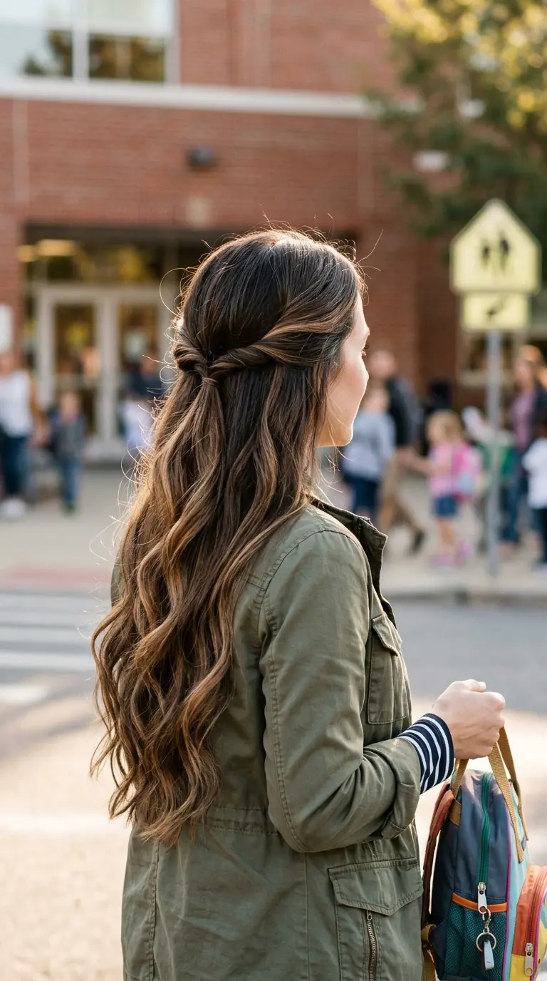 Back view of a half up ponytail flipped through itself so the sides twist inward above long loose hair