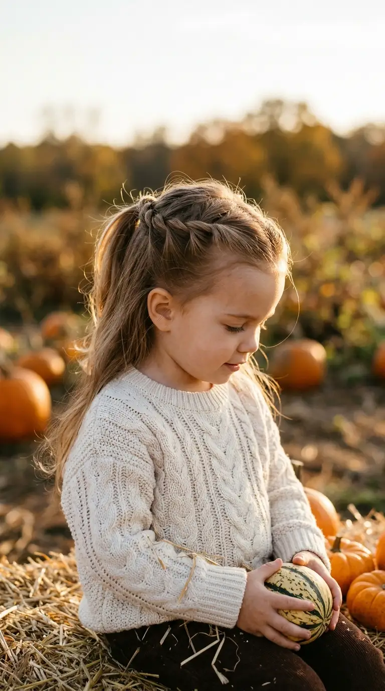 Three quarter view of a toddler with a flipped half up ponytail