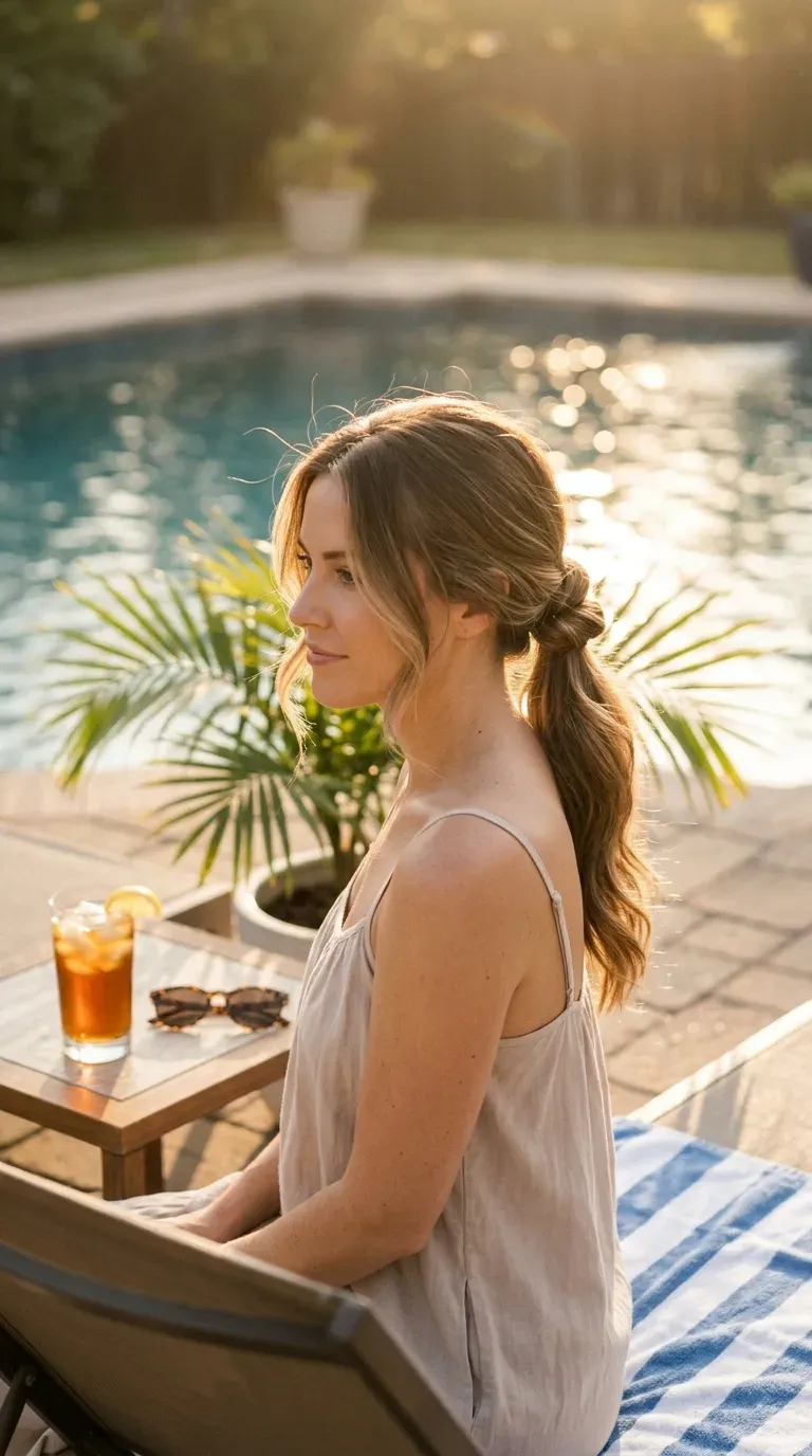 Three quarter view of a topsy tail loop ponytail at a sunny pool patio