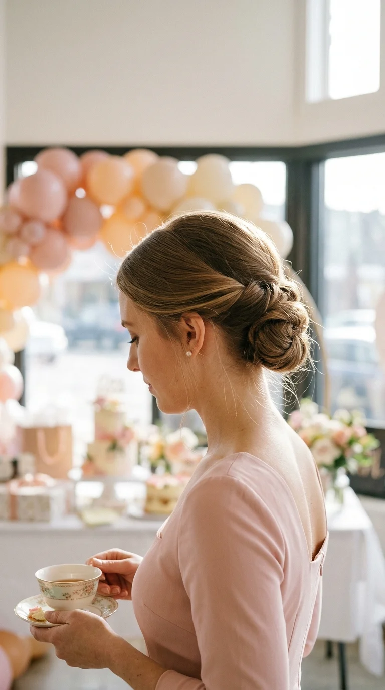Side profile of a low bun with a flipped topsy tail twist at the base