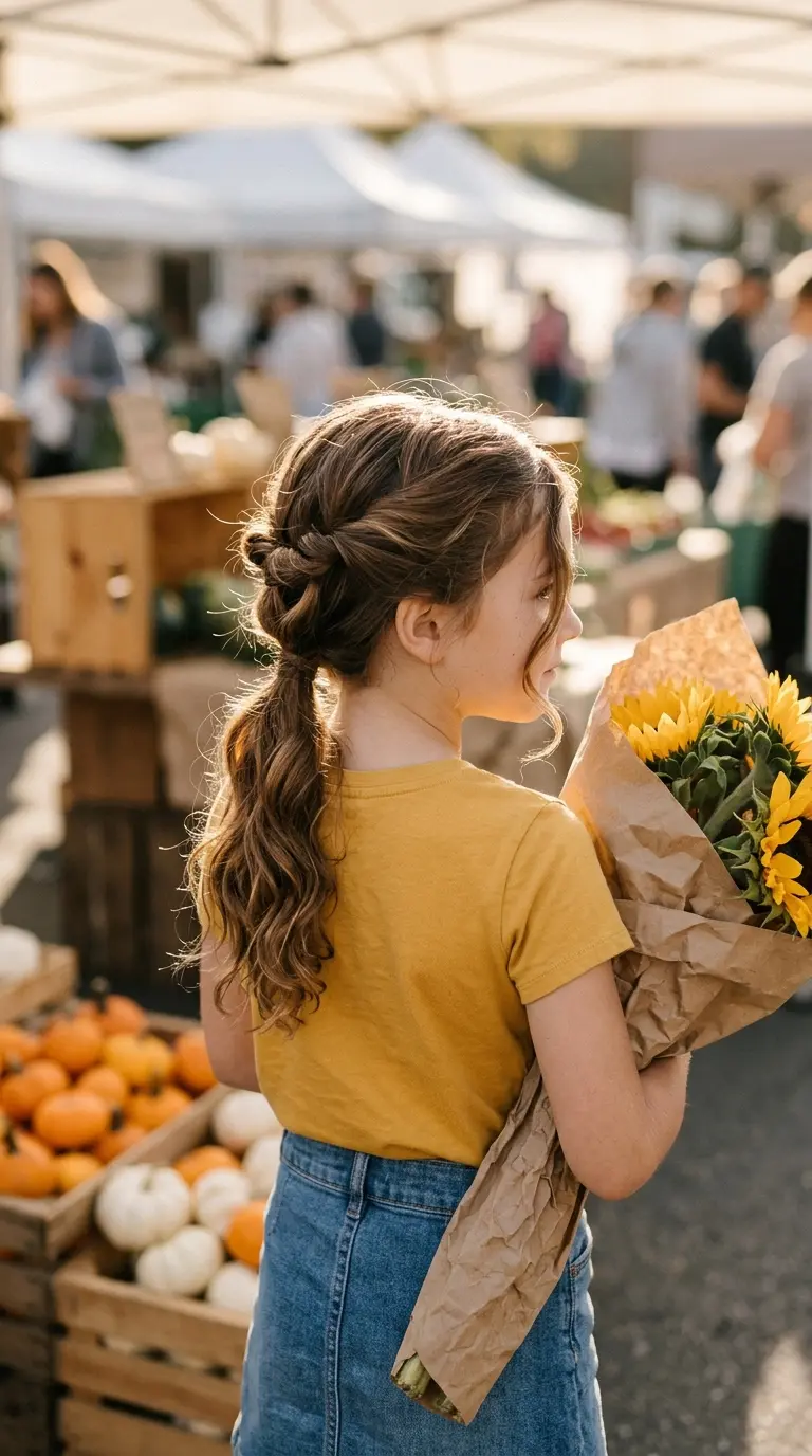 Over the shoulder view of a topsy tail low ponytail at a farmers market