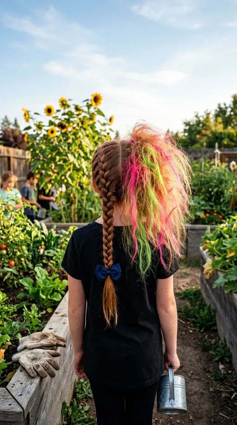 Tall twisted ponytail shaped like a tornado with a small toy cow clipped on