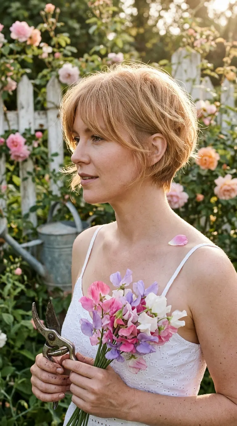 Three quarter front view of a fine strawberry blonde tousled bixie in a garden